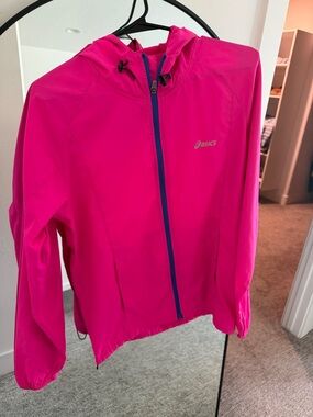 Asics Neon Pink Hooded Running Jacket with Blue Trim